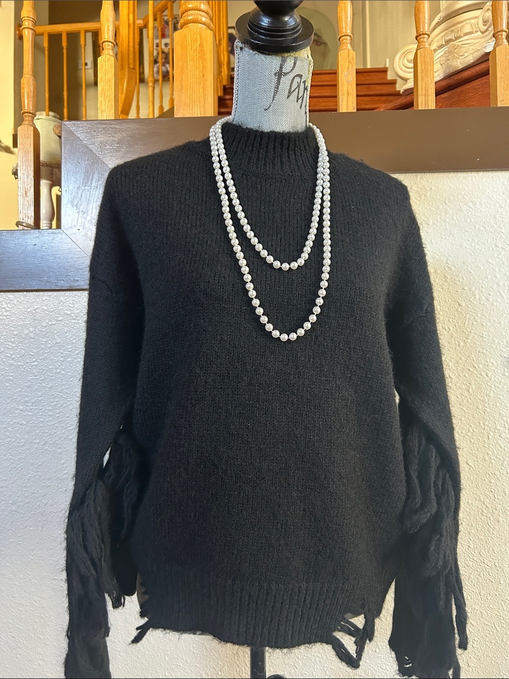 Chelsea & Violet Black Fringe-Sleeve Turtleneck Sweater